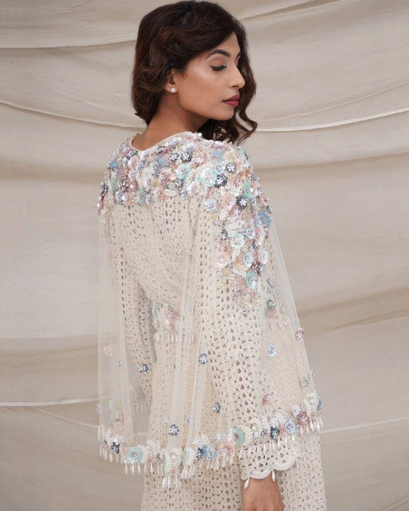 Ivory Crochet Gown with Tule Cape