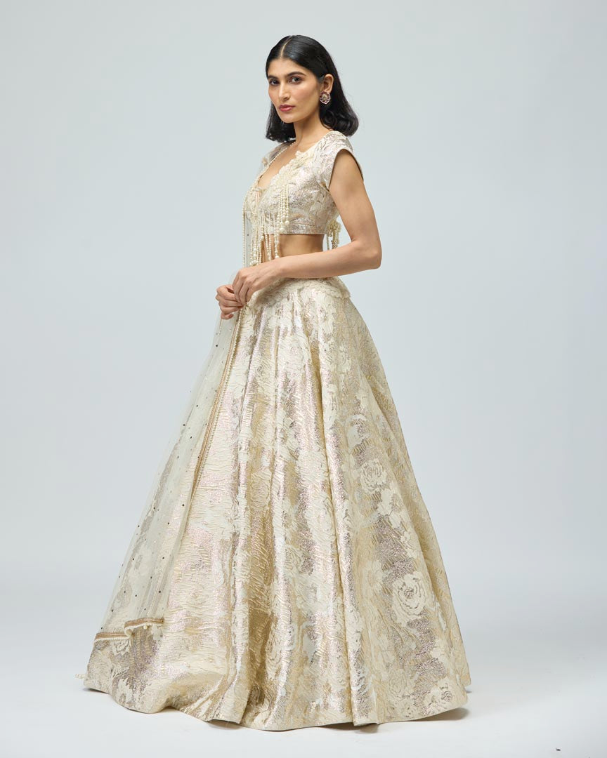 Pearl Embroidered Ivory Silk Brocade Lehenga Set for Weddings