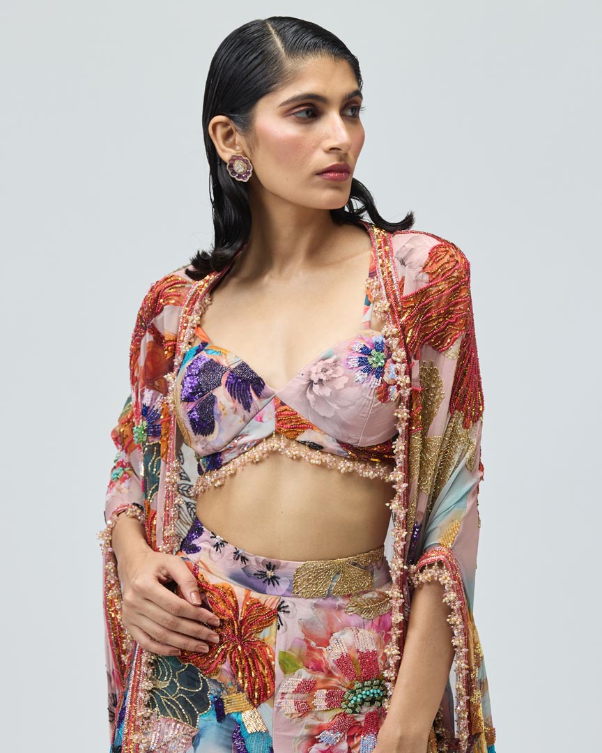 Pink Floral Printed Georgette Cape Sharara Set for Festive Wear