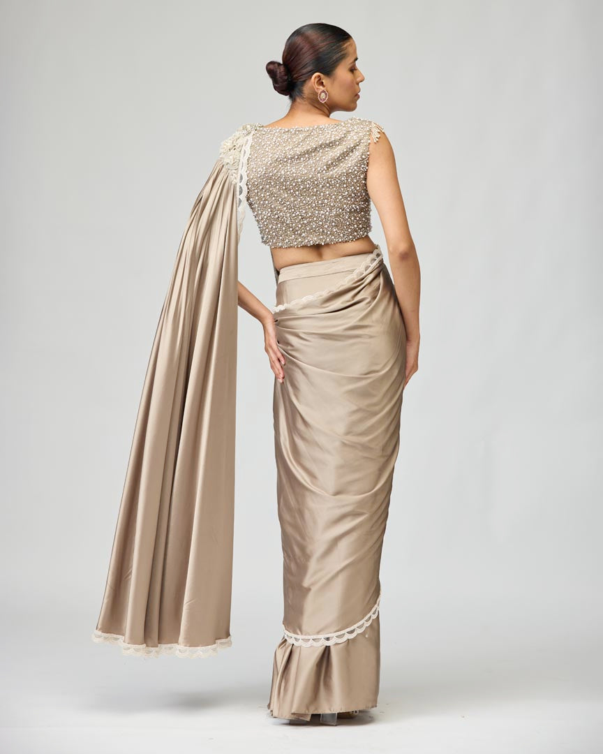 Elegant Grey Armani Satin Saree with Intricate Beadwork Embroidery
