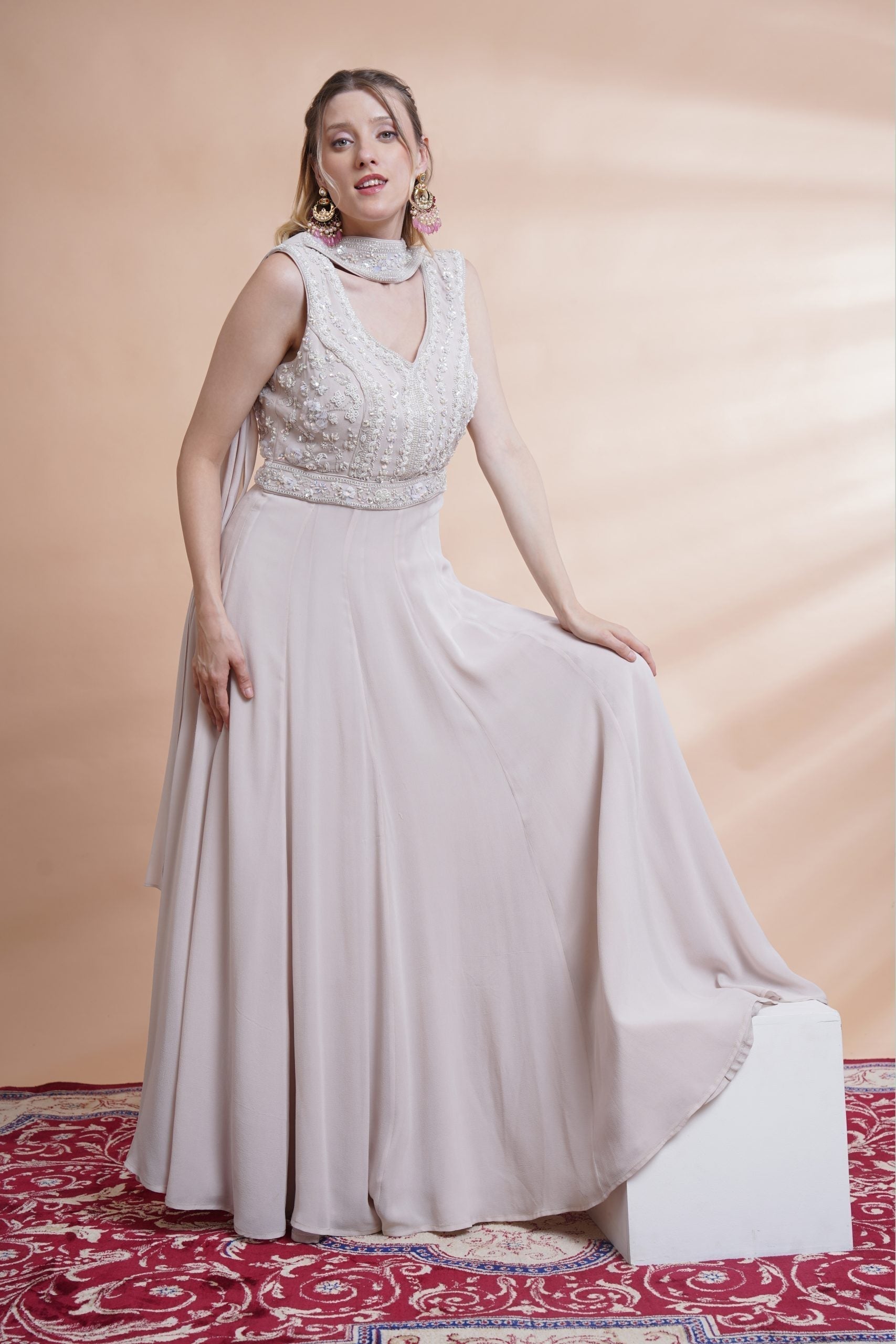 Image of Grey georgette flare gown set