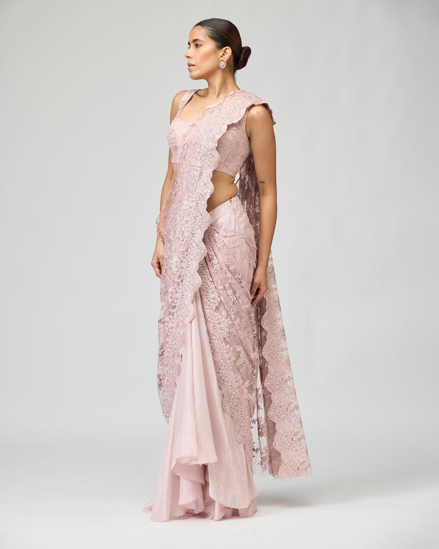 Pink Sheer Viscose Tissue Embroidered Saree Set for Cocktails