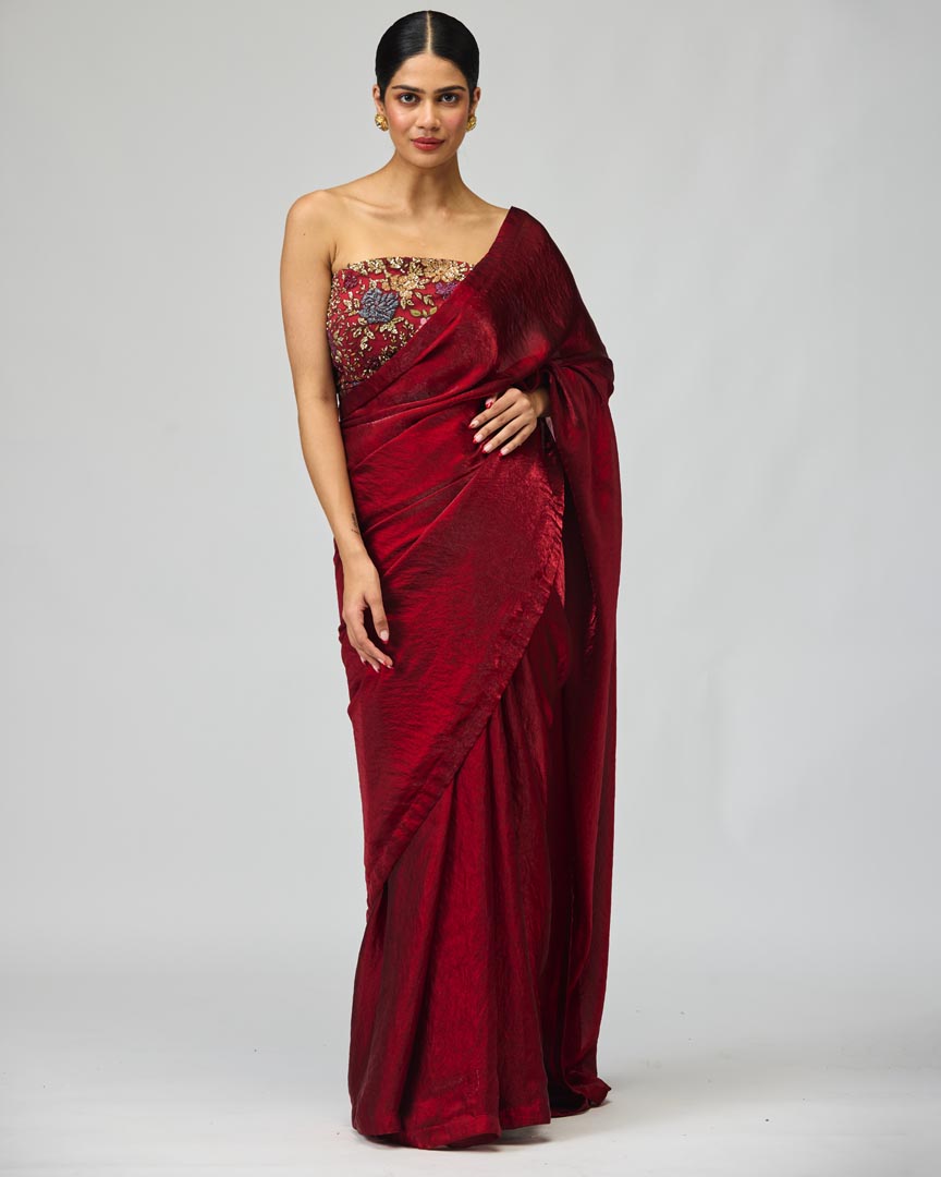 Maroon Net Embroidered Saree Set in Glossy Organza - Festive Wear