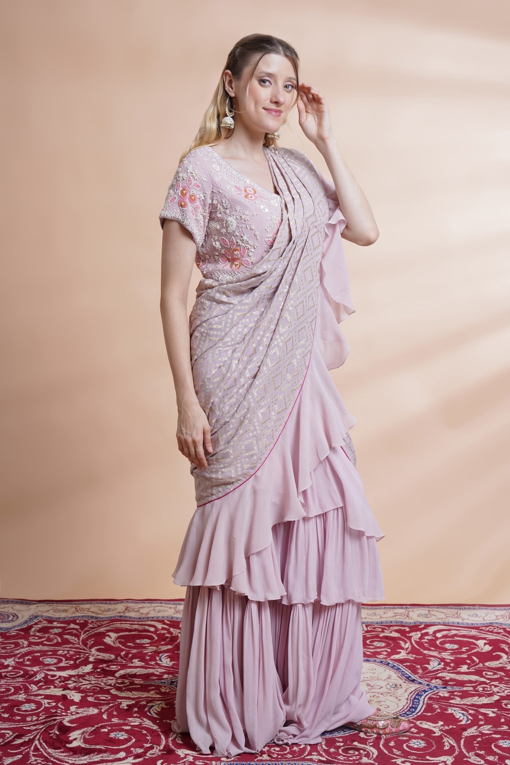 Image of Mauve georgette drape saree set