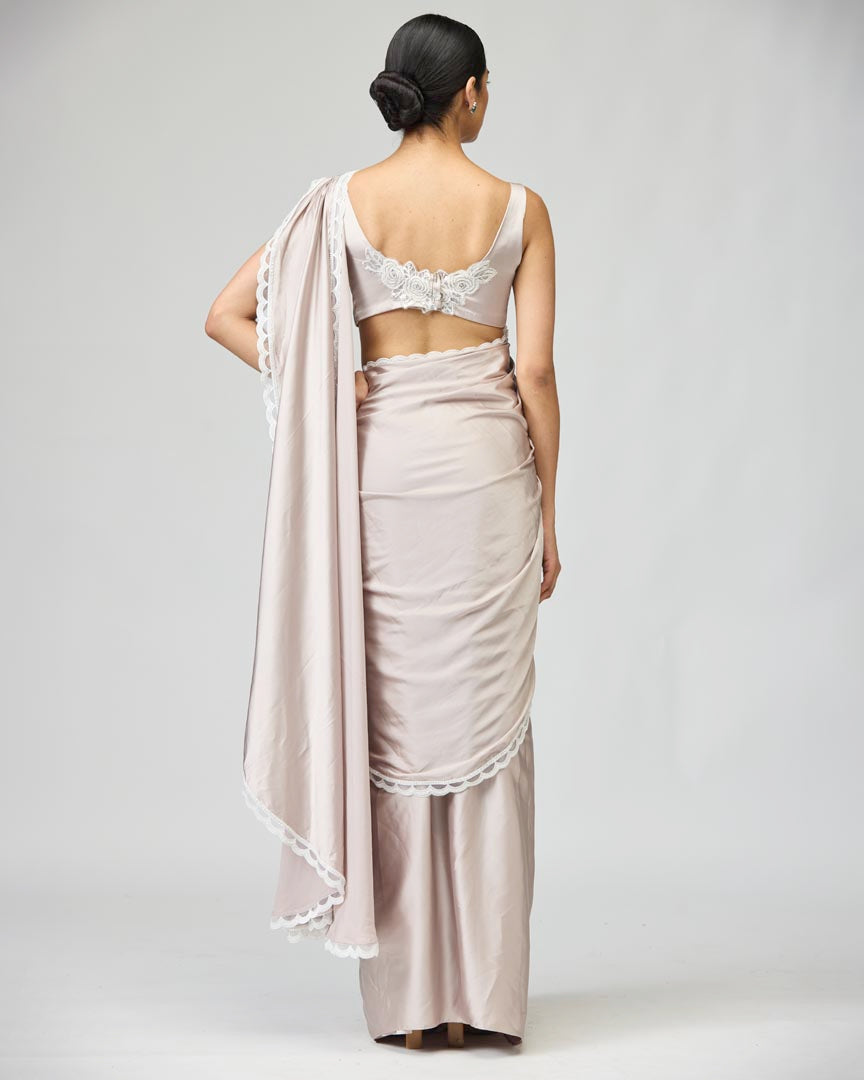 Blush Embroidered Armani Satin Saree Set for Festive Evenings