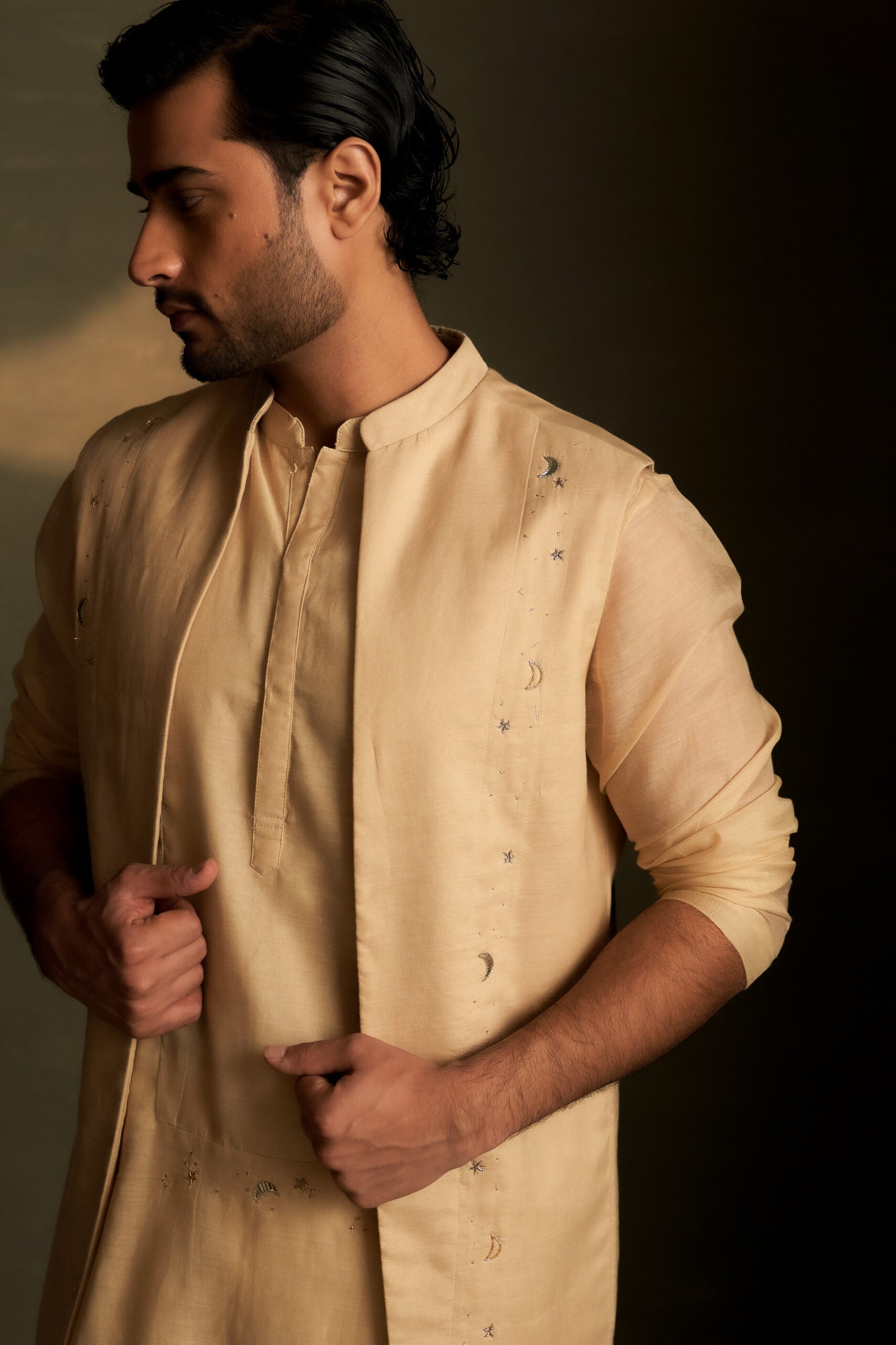 Golden Beige Long Kurta Set with Long Jacket