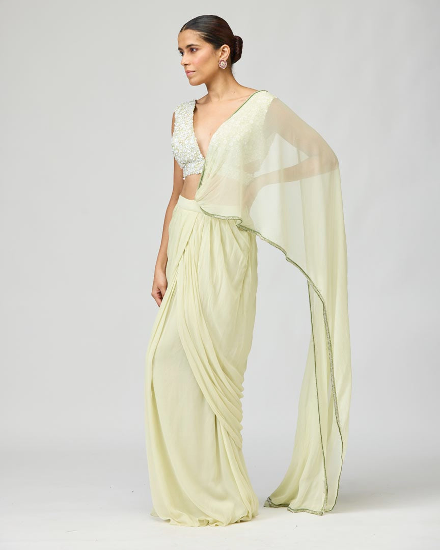 Lime Green Silk Chiffon Saree with Beadwork for Festive Occasions