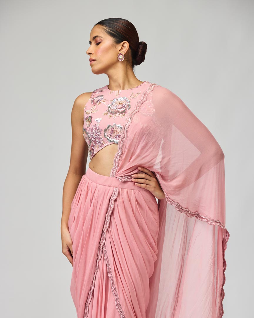 Light Pink Silk Chiffon Saree Set with Cutdana & Bead Work
