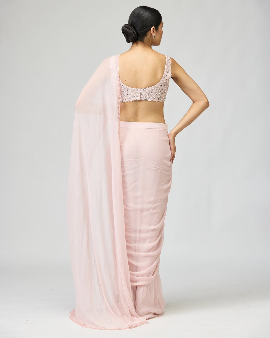 Light Pink Silk Chiffon Saree Set with Pearl Work & Cutdana Border