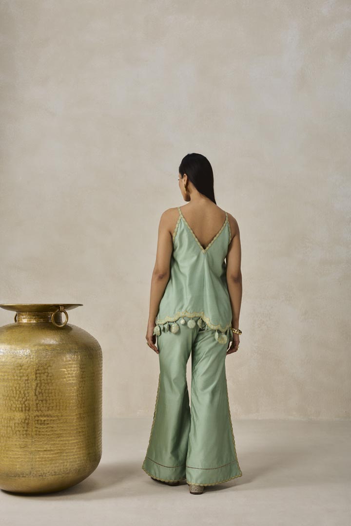Sage Green Chanderi Applique Embroidery Strappy Co-ord Set