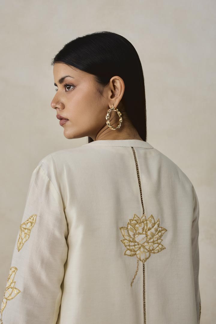 Ivory Chanderi Jacket Style Kurta Set with Narrative Embroidery