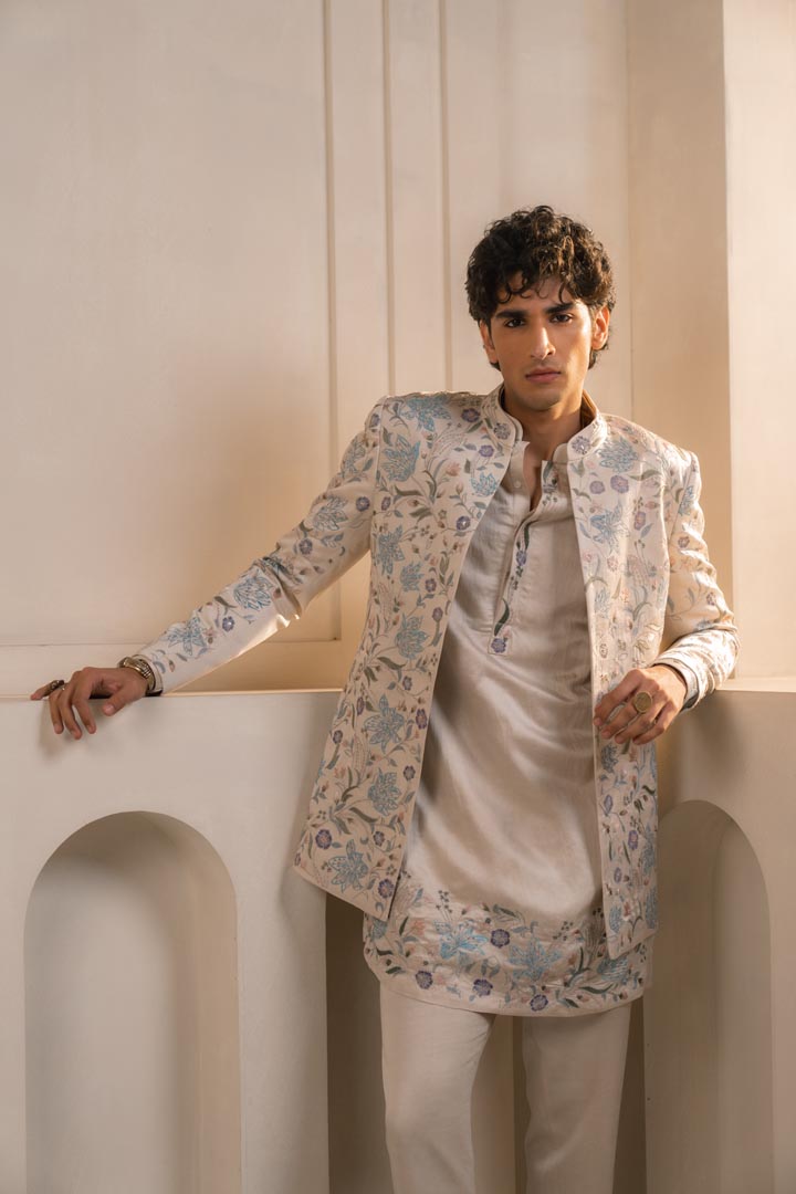 Silver veil linen silk short jacket set