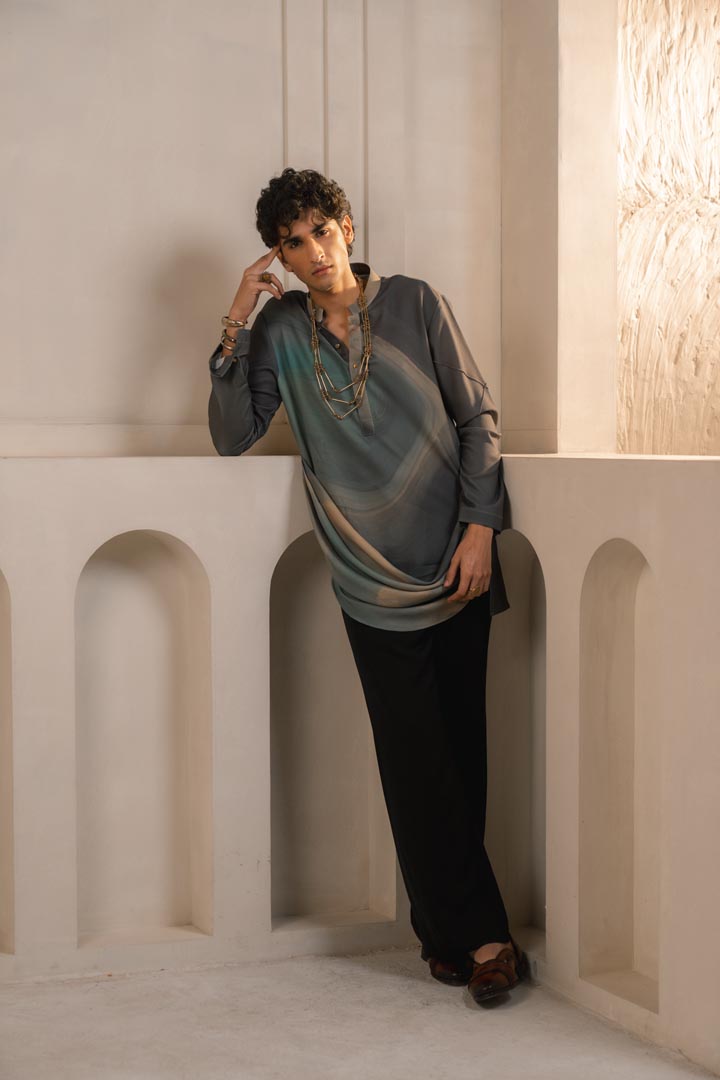 Grey crepe drape kurta set
