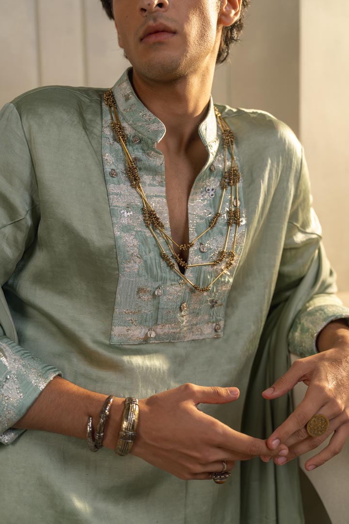 Mint Green Linen Silk Kurta Set with dupatta