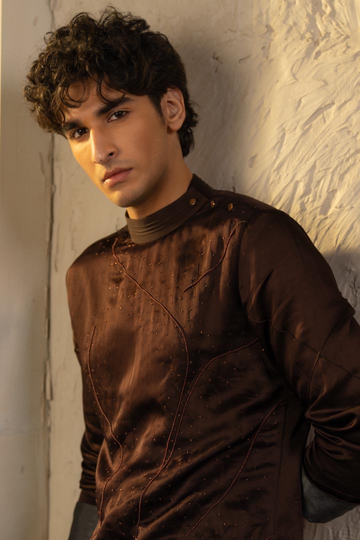dark brown linen silk embroidered kurta set