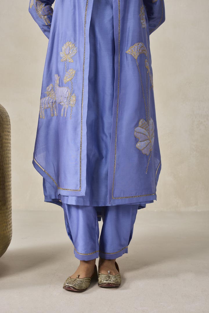 Ink Blue Chanderi Jacket Style Kurta Pant Set for Occasions