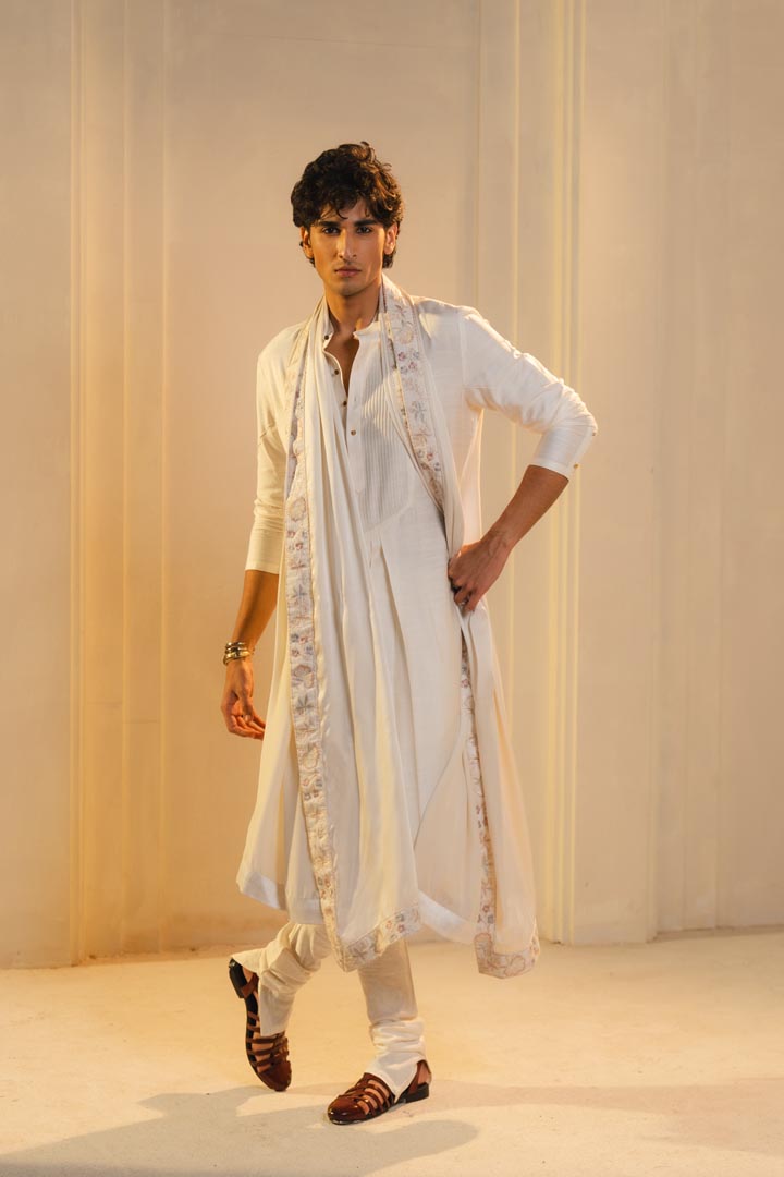 Ivory silk hand painted and hand embroidered kurta set