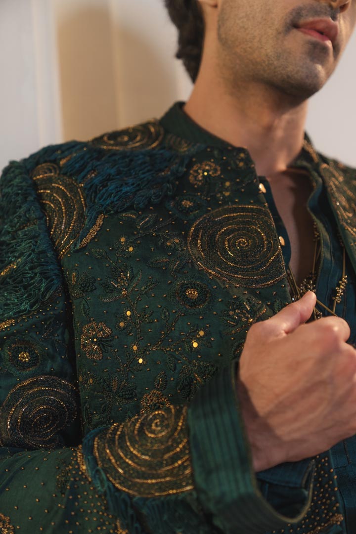Forest Green hand embroidered short jacket set