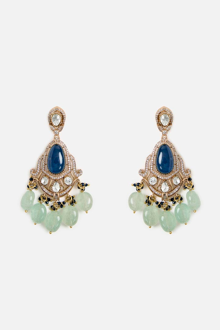 Royal Blue Stone & Green Beaded Kundan Necklace Set