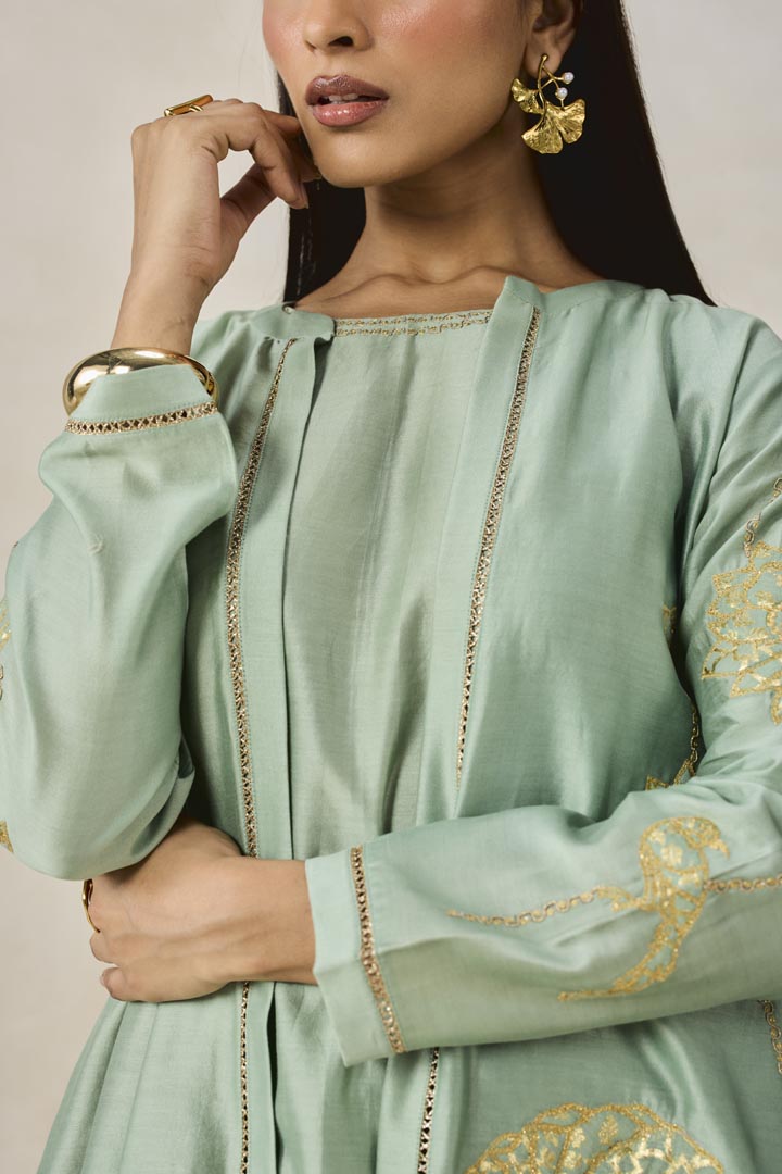 Sage Green Chanderi Jacket Kurta Set with Applique Work