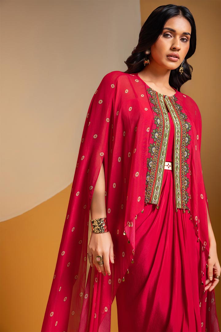Taarani drape dress with embroidered capeSP4918