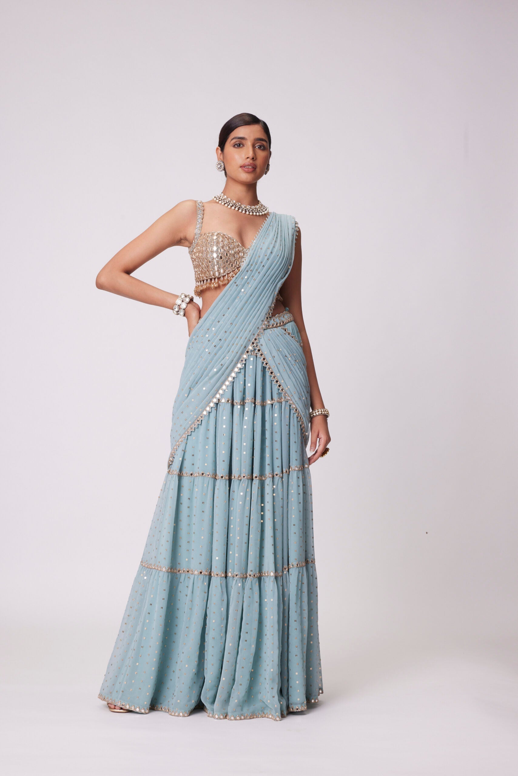 Image of POWDER BLUE MULTI TIER SAREE SET