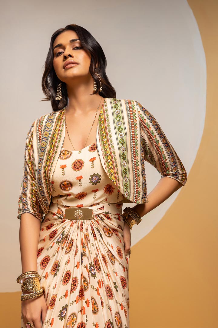 Taarani embellished long drape dress setSP4938