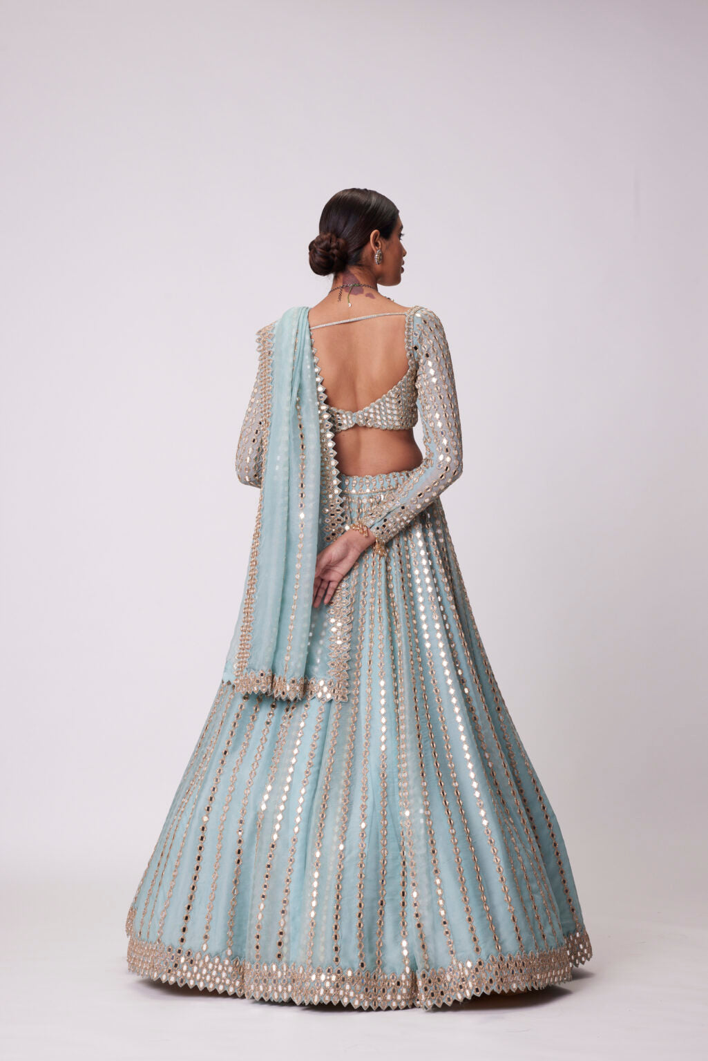 Image of POWDER BLUE LINEAR EMBROIDERED LEHENGA SET