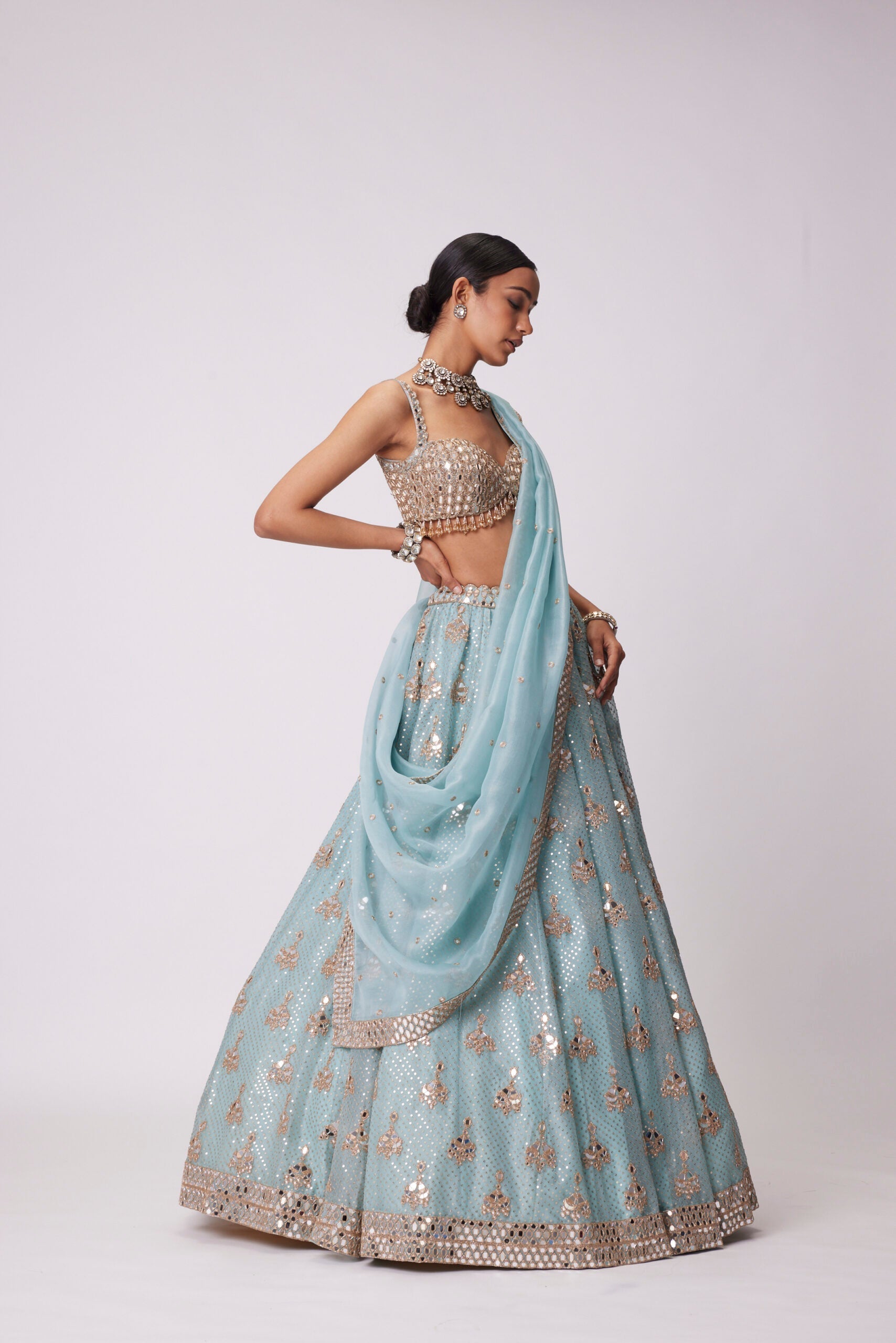 Image of POWDER BLUE ORGANZA SEQUIN EMBROIDERED LEHENGA SET