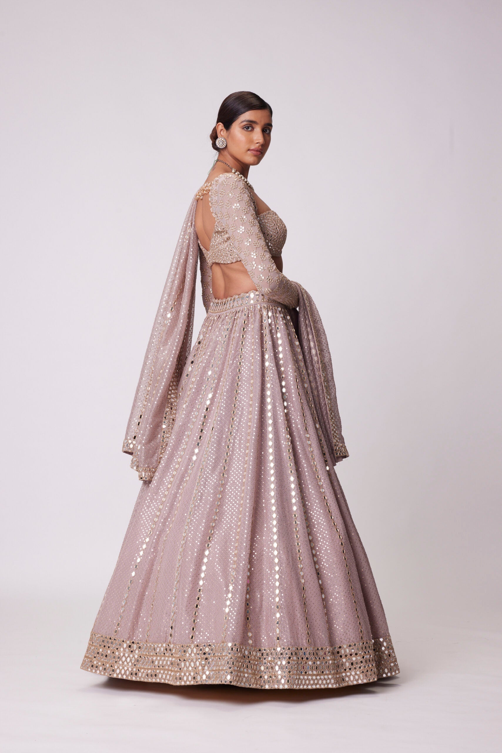 Image of ASH PINK SEQUIN AND MIRROR EMBROIDERED LEHENGA SET