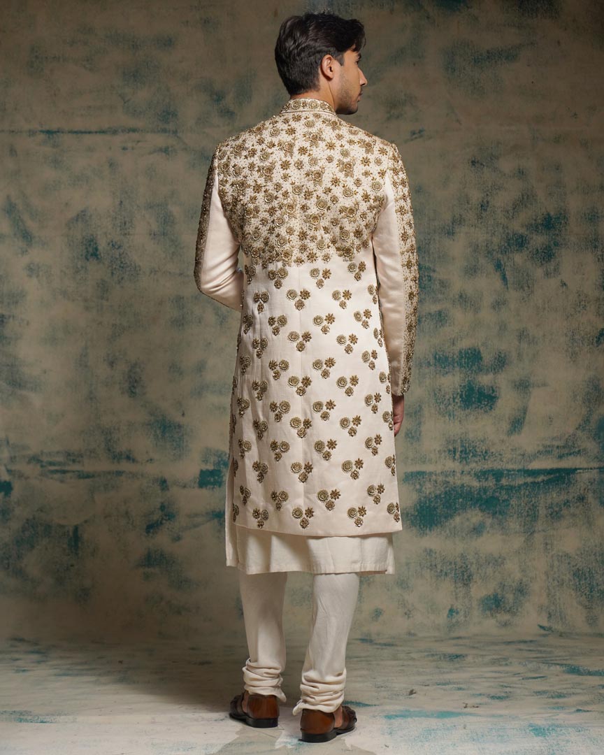 Apricot Ivory Silk embriodered zari Sherwani Set
