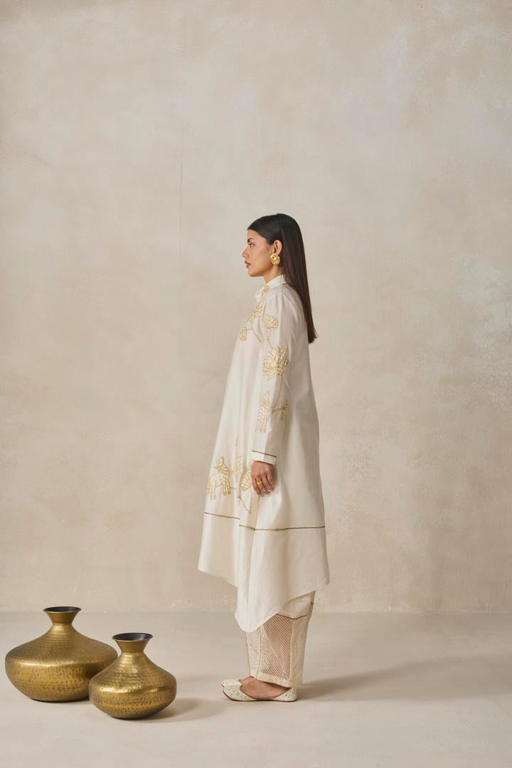 Ivory Chanderi Asymmetrical Kurta Set with Floral Applique