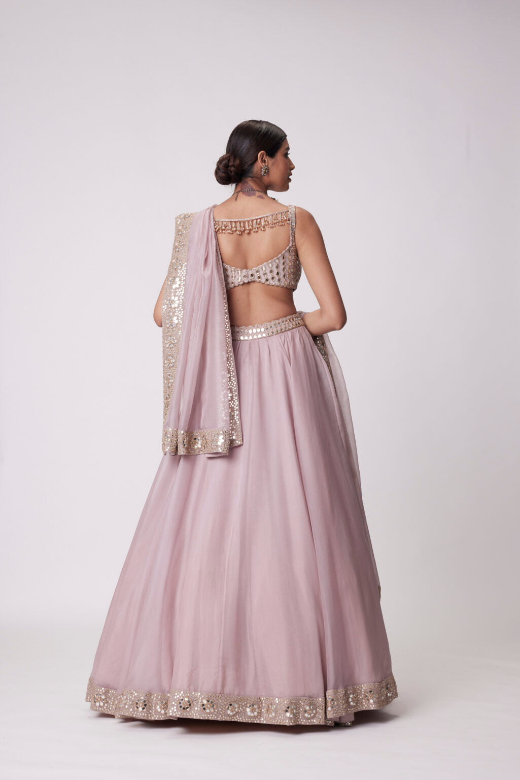 Image of ASH PINK MIRROR HAND EMBROIDERED LEHENGA SET