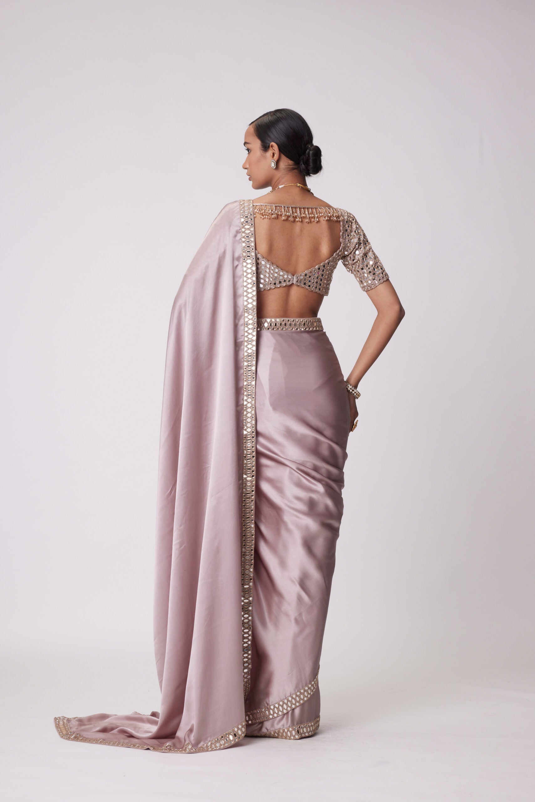 Image of ASH PINK SATIN SAREE SET