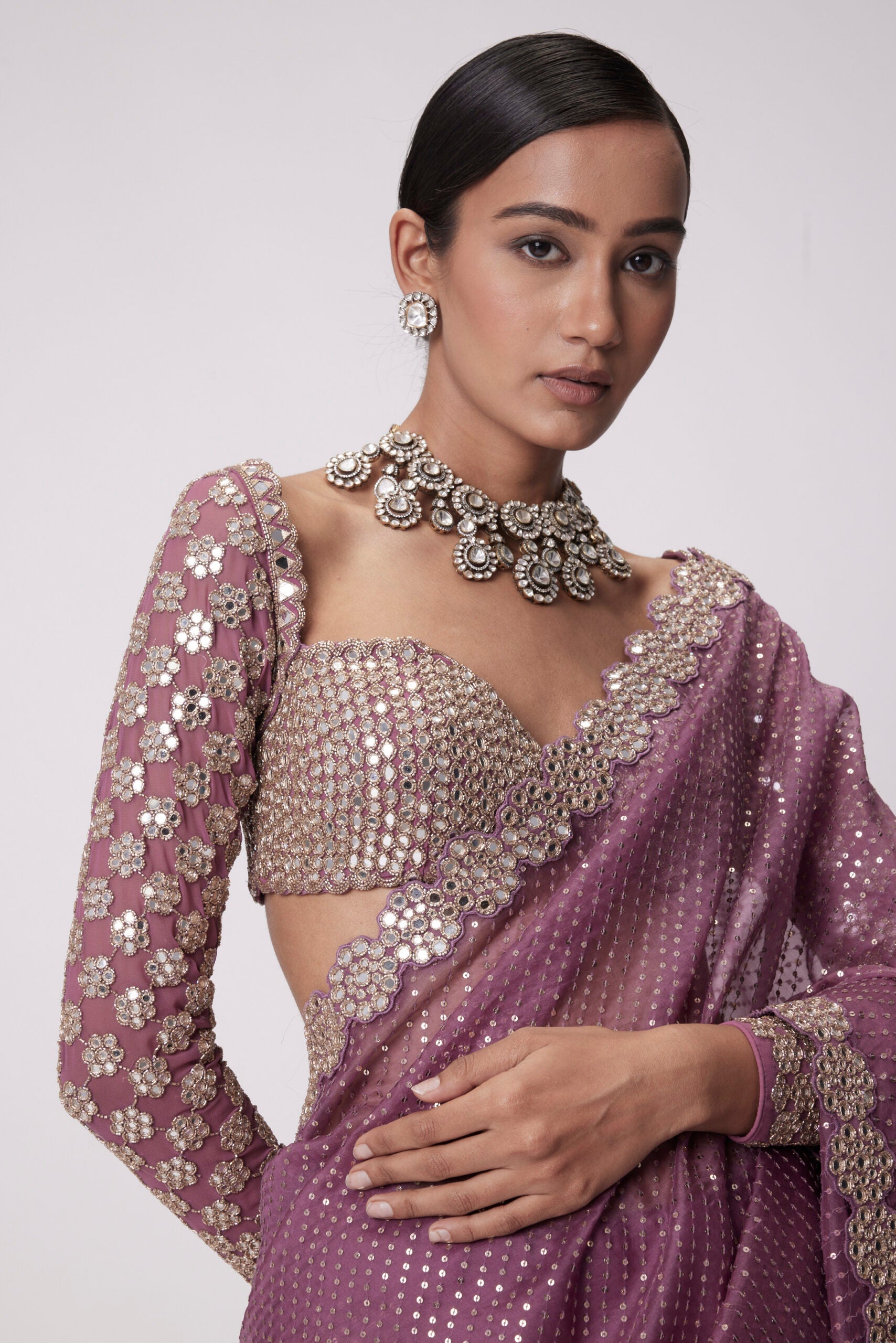 Image of MUD  MAUVE HAND EMBROIDERED ORGANZA SAREE SET