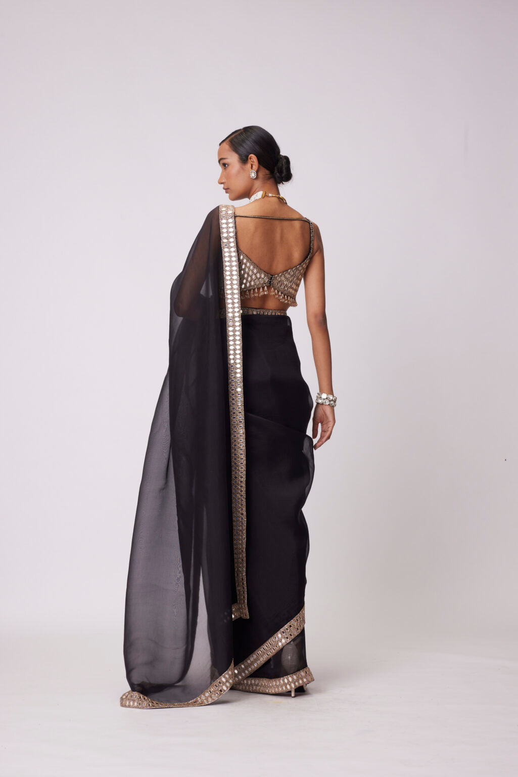 Image of BLACK ORGANZA SAREE SET