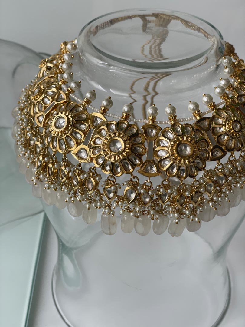 Gold Finish Kundan Necklace Set with Blush Pink Drops