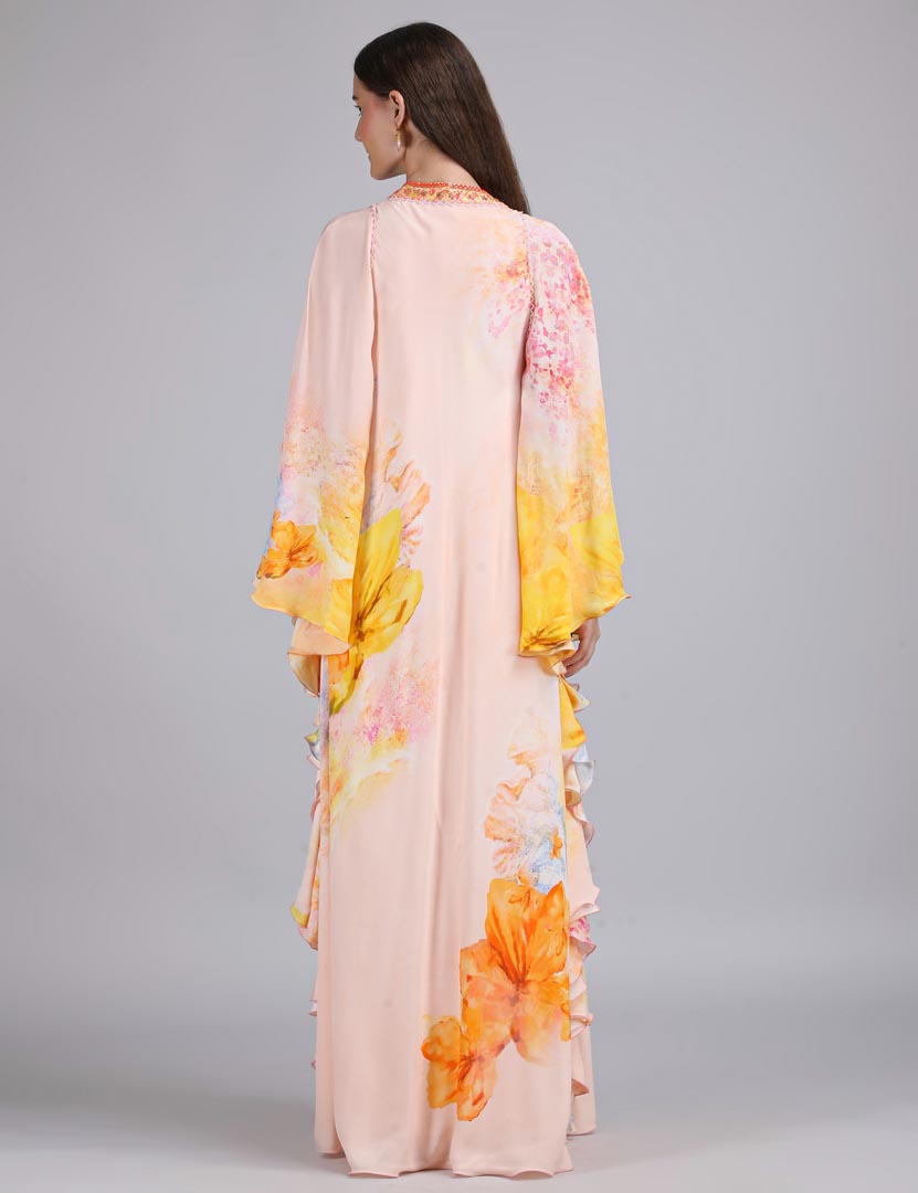 Peach Floral Faux Printed Kaftan Dress