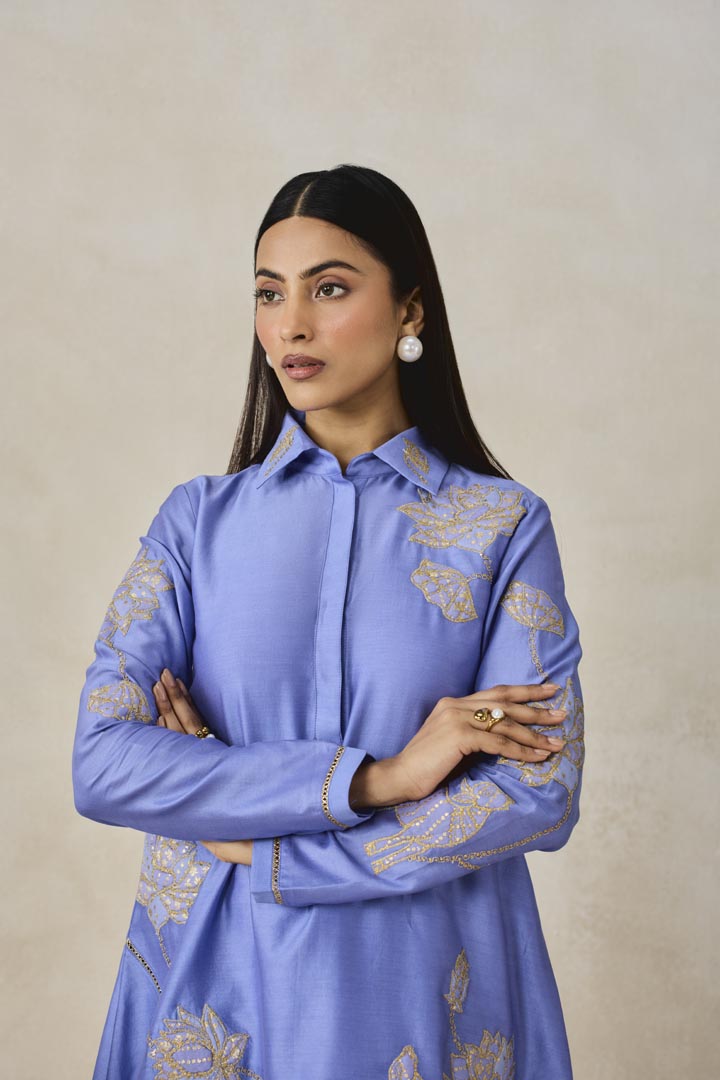 Ink Blue Chanderi Asymmetrical Kurta With Pant Set for Festivities