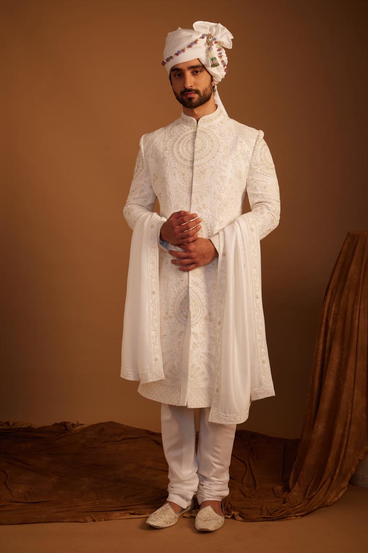 Image of White Peony Sherwani Set