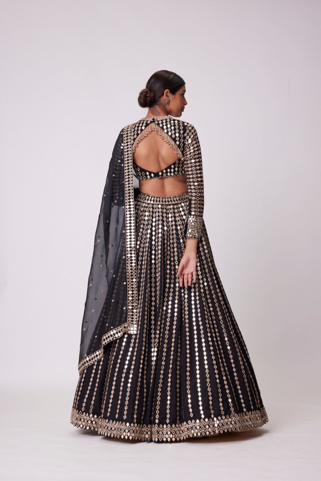 Image of BLACK LINEAR MIRROR EMBROIDERED ORGANZA LEHENGA SET