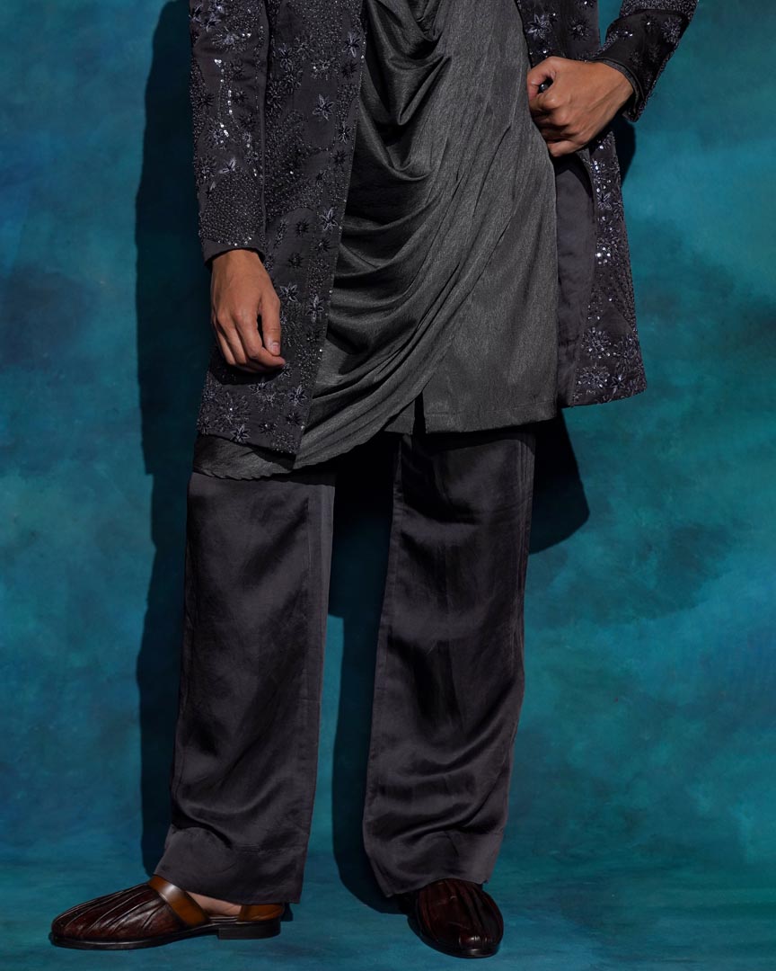 Charcoal Gray hand embroidered contemporary jacket set