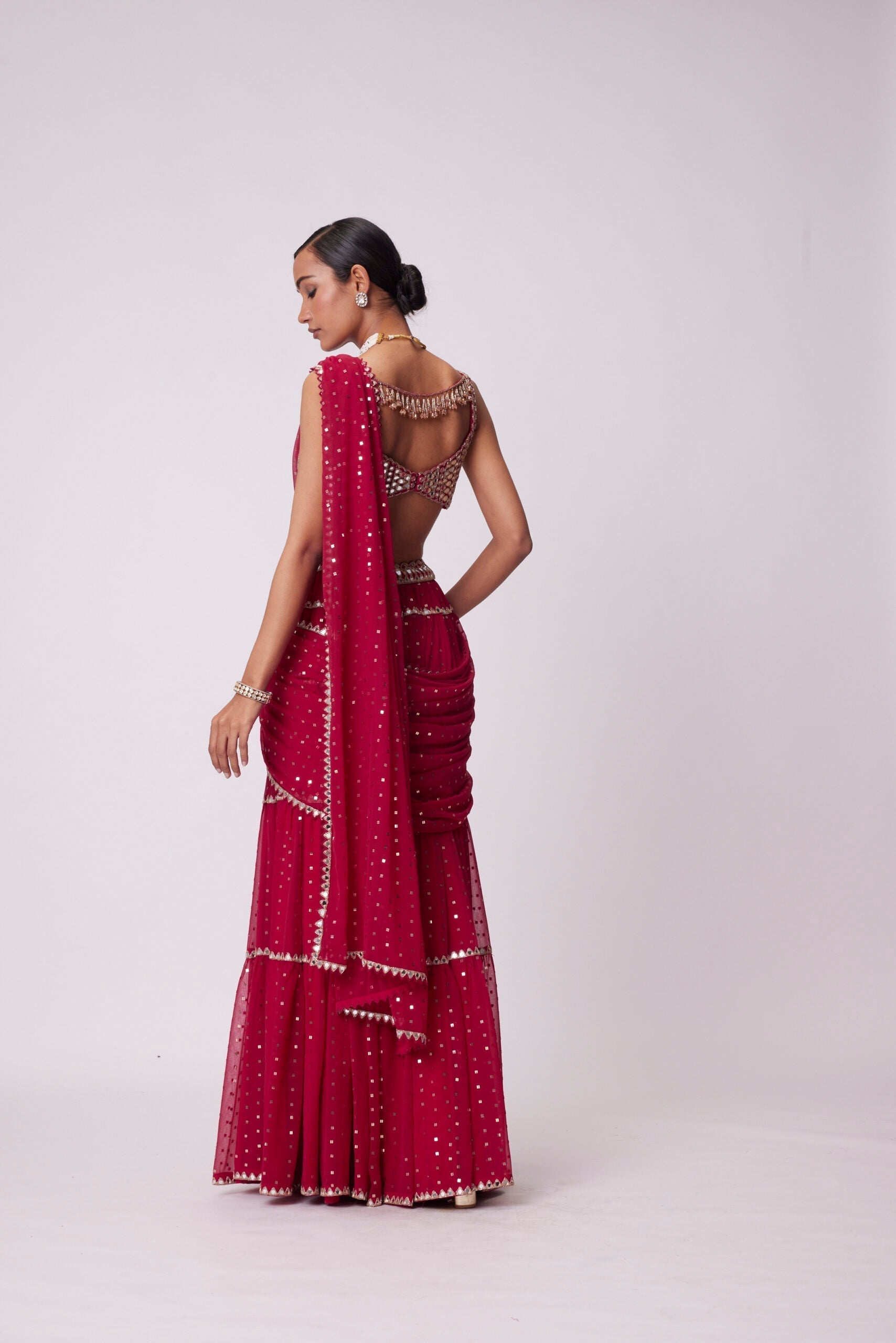 Image of CRIMSON RED MULTI- TIER SEQUIN EMBROIDERED SAREE SET