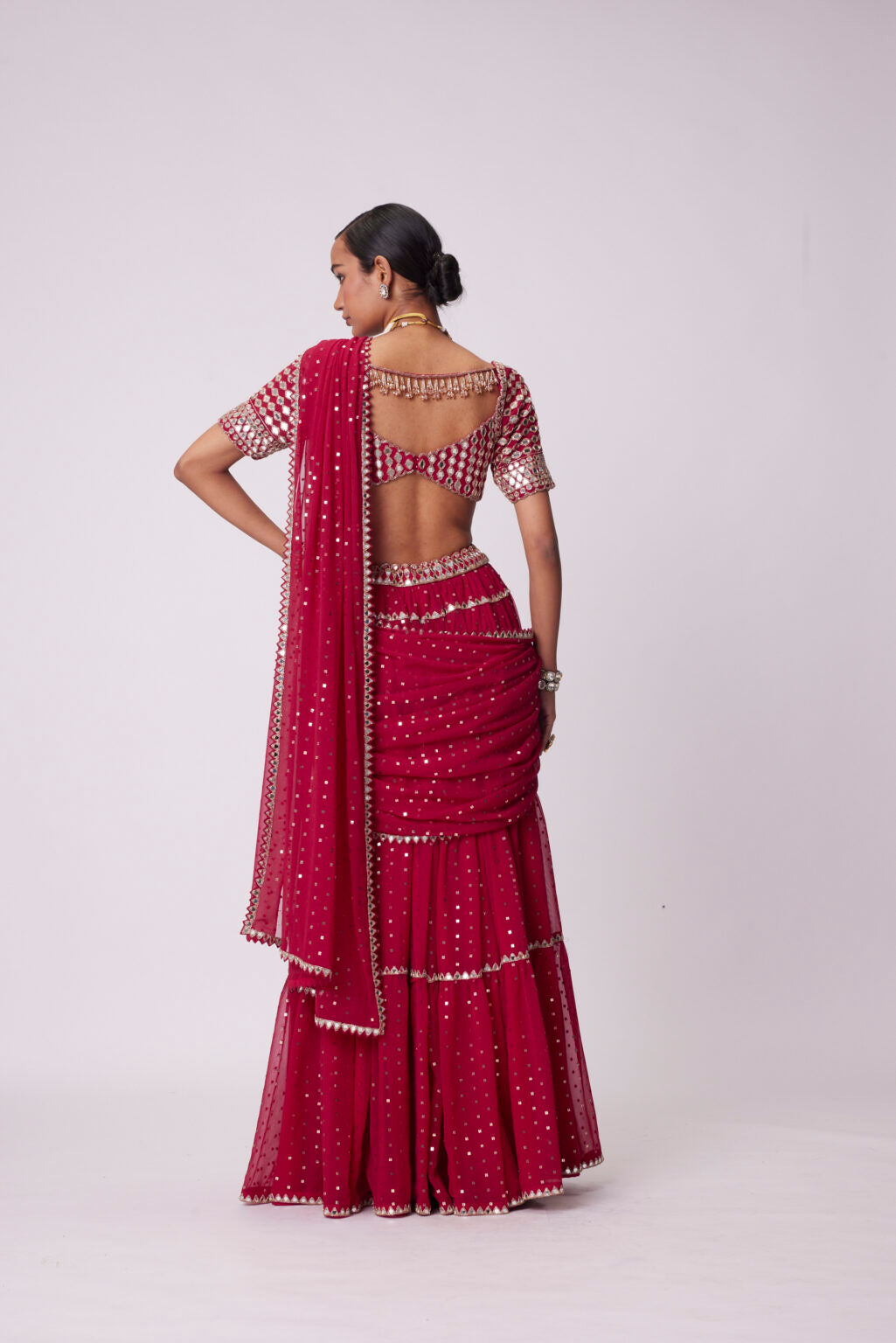 Image of CRIMSON RED MULTI- TIER SAREE SET