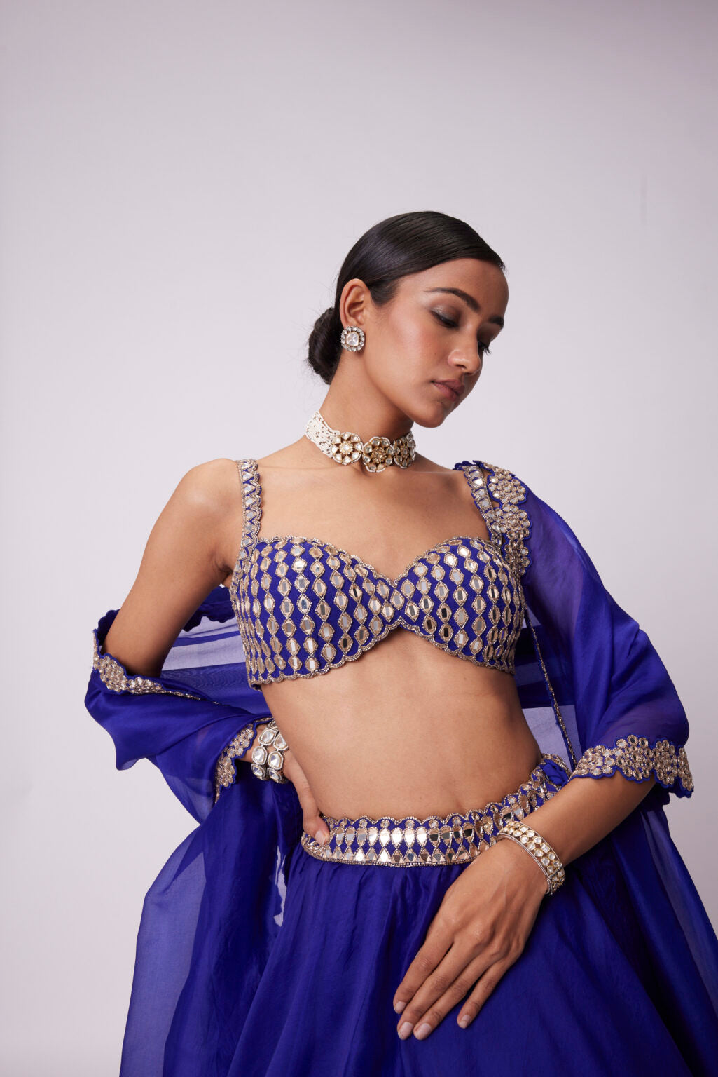 Image of PERSIAN BLUE LINEAR MIRROR EMBROIDERED LEHENGA SET