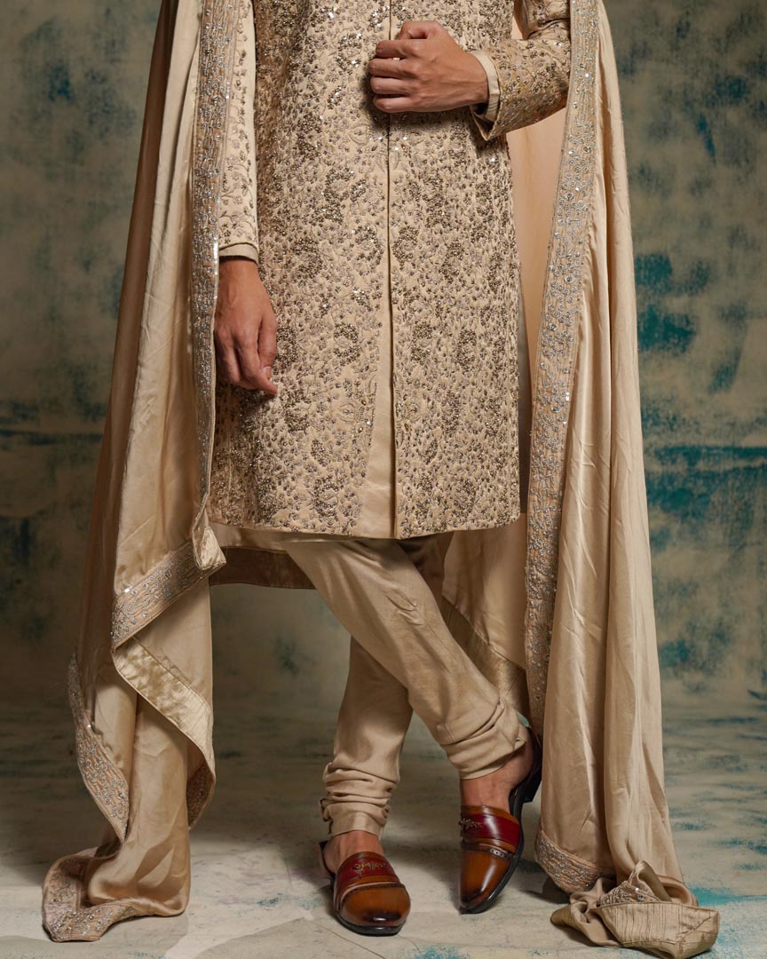 Sand Grey Linen Silk Embriodered Sherwani Set