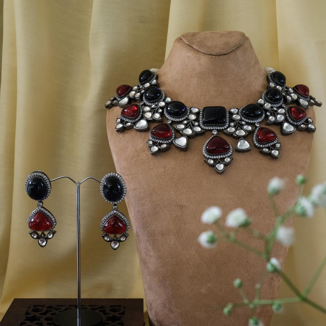 Chunky Red and Blue Stone Black Plated Exquisite Kundan Necklace Set