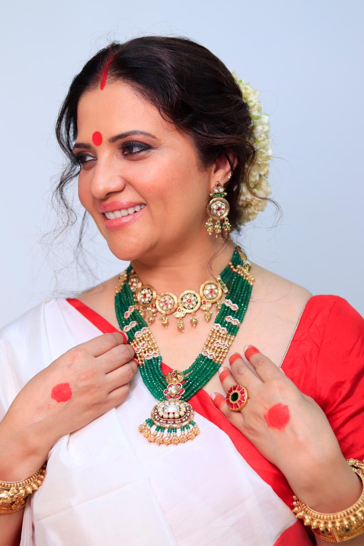 Matte Gold Finish Temple Style Long Beaded Necklace Set
