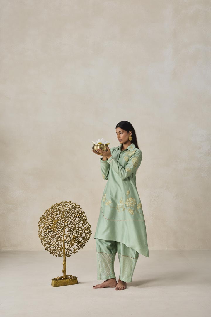 Sage Green Chanderi Asymmetrical Kurta Set for Festive Wear