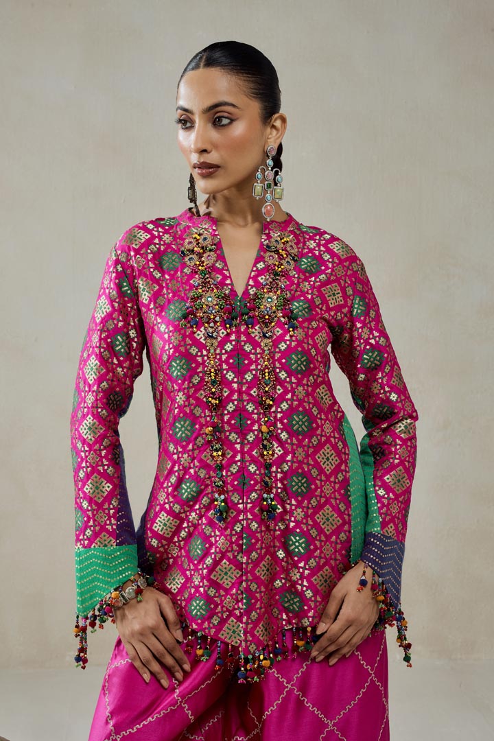Fuschia Patola Silk Short Jacket Salwar Suit Co-ord Set